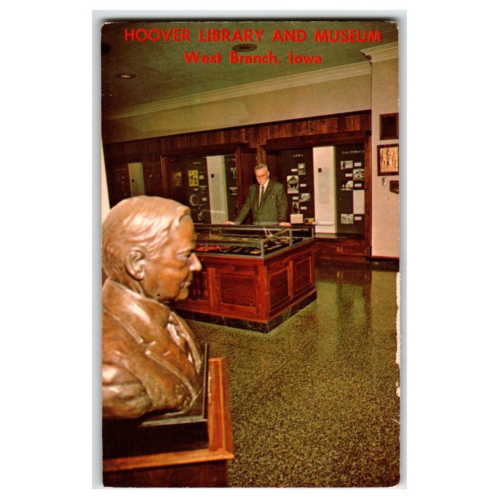 Herbert Hoover Library Museum West Branch Iowa Bronze Bust Chrome Postcard